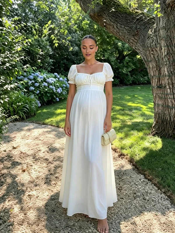 Momsmood Ruffle Ruched Lace-Up Big Swing Boho Maternity Maxi Dress