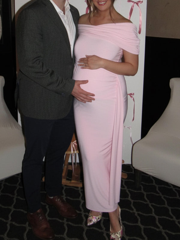Pink Off Shoulder Draped Maternity Maxi Dress