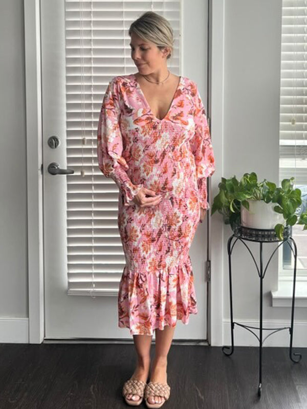 Momsmood Pink Floral Smocked Mermaid Deep V-neck Lantern Sleeve Elegant Cocktail Party Maternity Photoshoot Baby Shower Maxi Dress