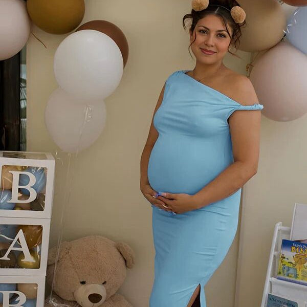 Momsmood One Shoulder Ruched Side Slit Bodycon Maternity Maxi Dress