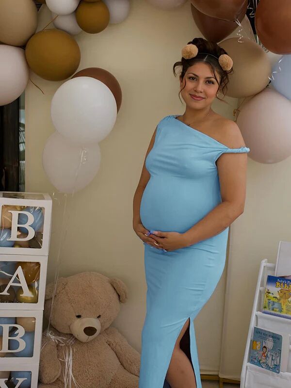 Momsmood One Shoulder Ruched Side Slit Bodycon Maternity Maxi Dress