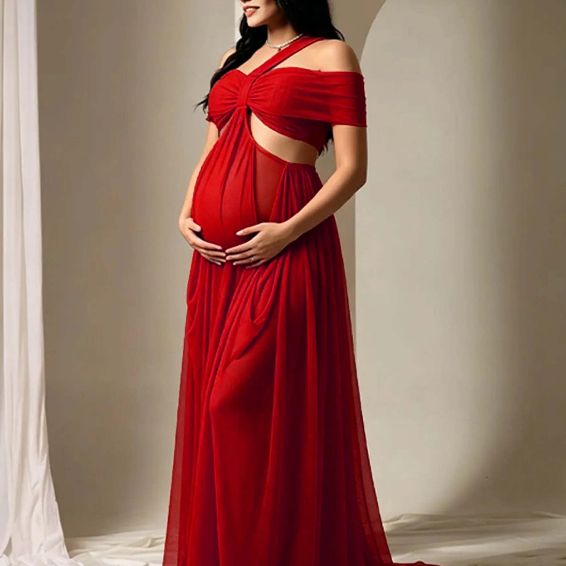 Off Shoulder Sheer Ruffle Waist Cutout Maternity Maxi Dress