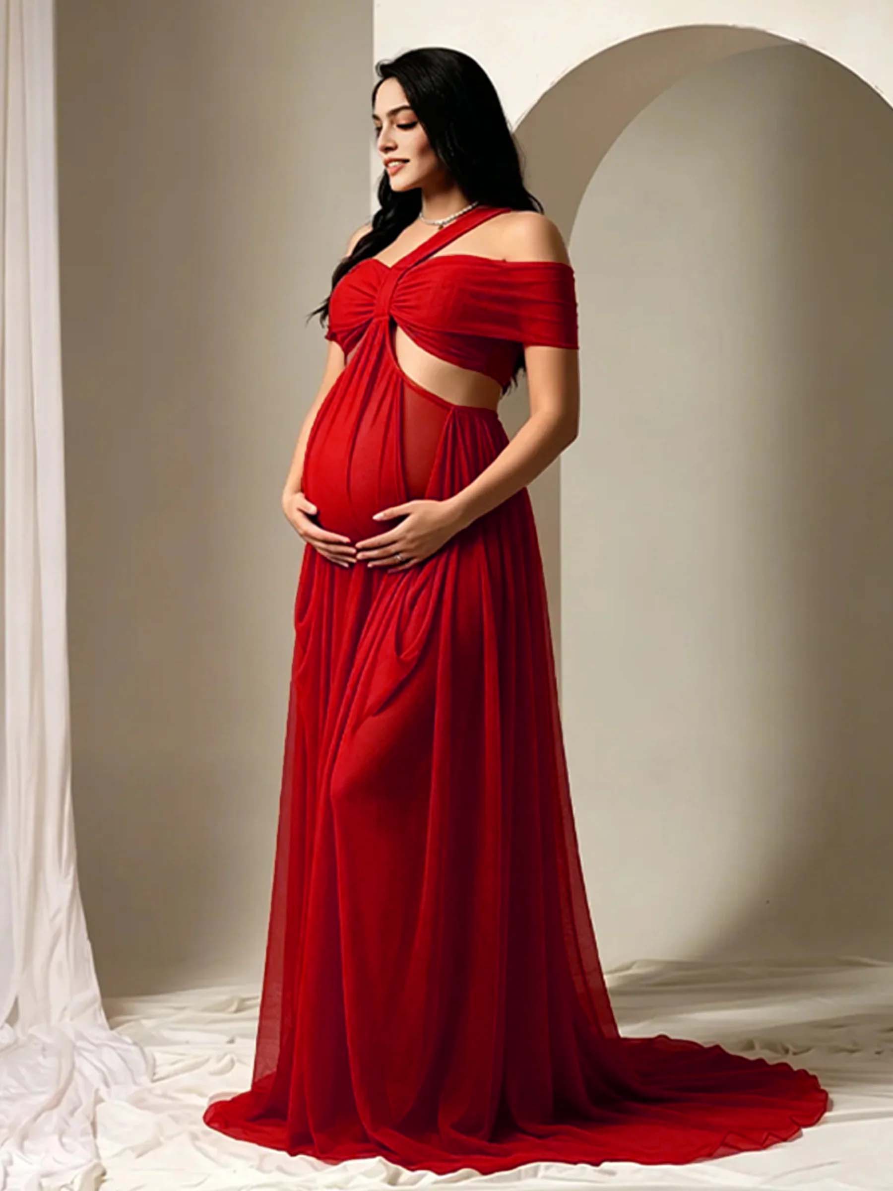 Off Shoulder Sheer Ruffle Waist Cutout Maternity Maxi Dress