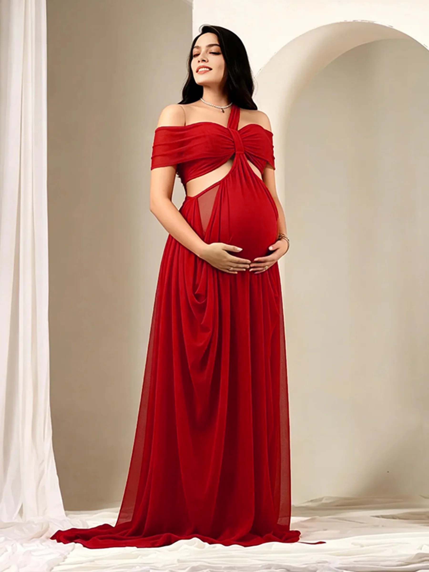 Off Shoulder Sheer Ruffle Waist Cutout Maternity Maxi Dress