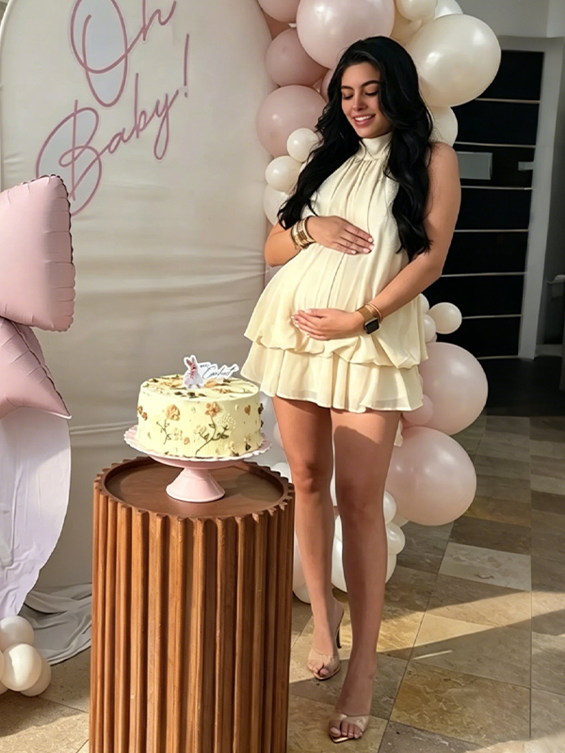 Halter Neck Chiffon Lace-Up Peplum backless Maternity Mini Dress