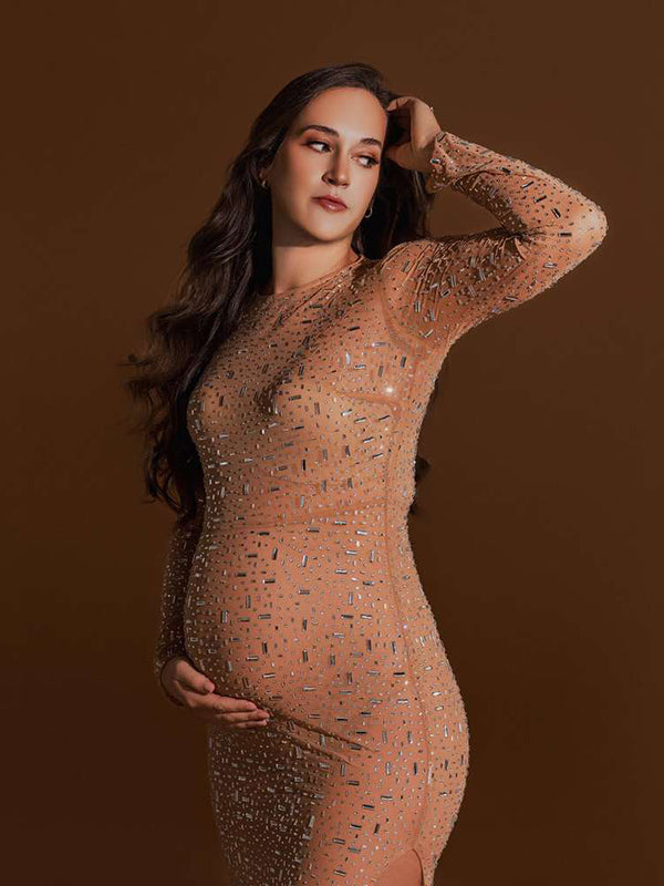 Momsmood Sparkly Diamond Rhinestone Mesh Slit Long Sleeve Mermaid Sheer Maternity Photoshoot Elegant Party Maxi Dress