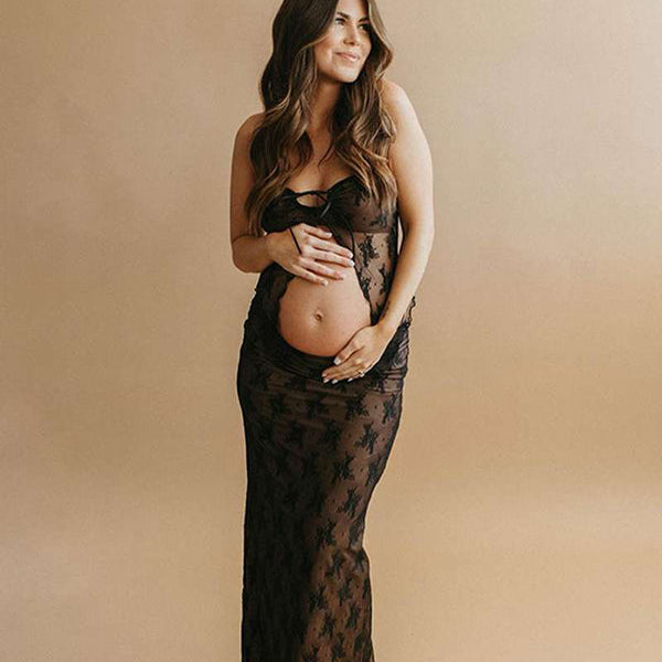 Momsmood 2 Piece Lace Tube Tie Ruffle Elegant Fashion Bodycon Vacation Photoshoot Baby Shower Maternity Maxi Dress