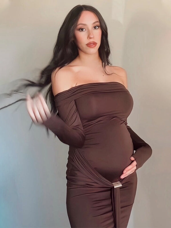 Momsmood Off Shoulder Draped Ruched Metal Buckle Bodycon Elegant Maternity Photoshoot Maxi Dress