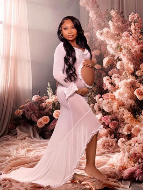 Momsmood White Ruffle Cut Out Crop Irregular Split Sheer Vacation Dress Bodycon Photoshoot Maternity Maxi Dress