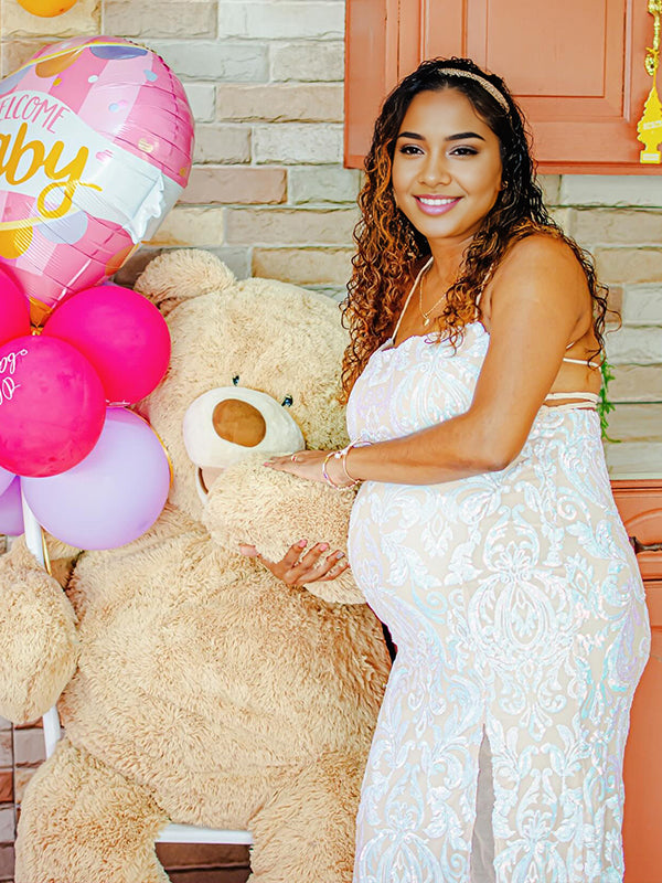 White Spaghetti Strap Sequin Side Slit Maternity Baby Shower Maxi Dress