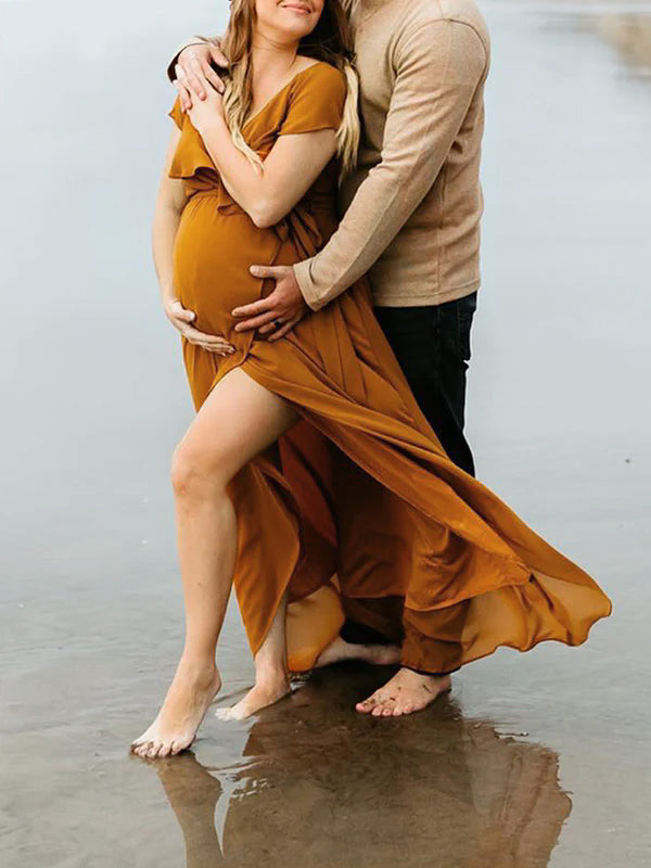 Momsmood Ginger Yellow Flowy Ruffle Falbala Wrap Side Slit Big Swing Elegant Baby Moon Beach Vacation Gown Boho Maternity Photoshoot Baby Shower Maxi Dress