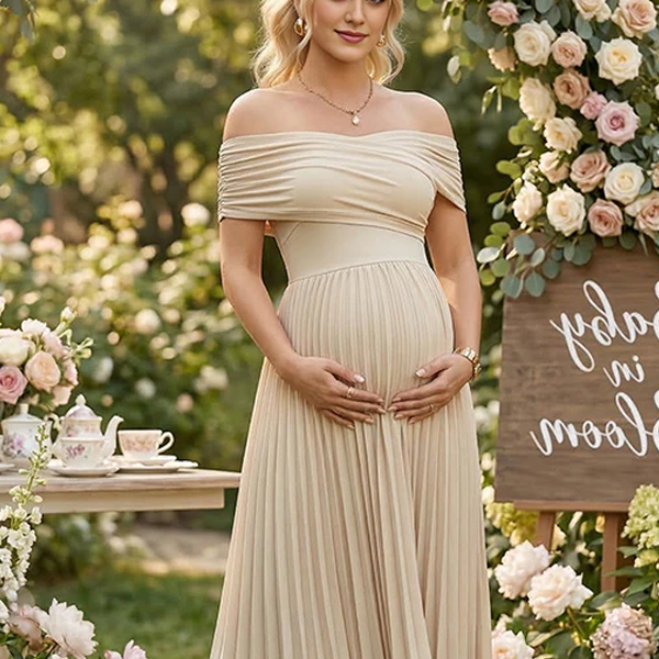 Off Shoulder Twist Front Draped Maternity Maxi Dress with Pleated Skirt