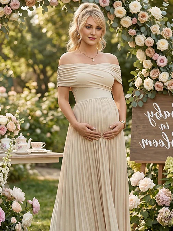 Off Shoulder Twist Front Draped Maternity Maxi Dress with Pleated Skirt