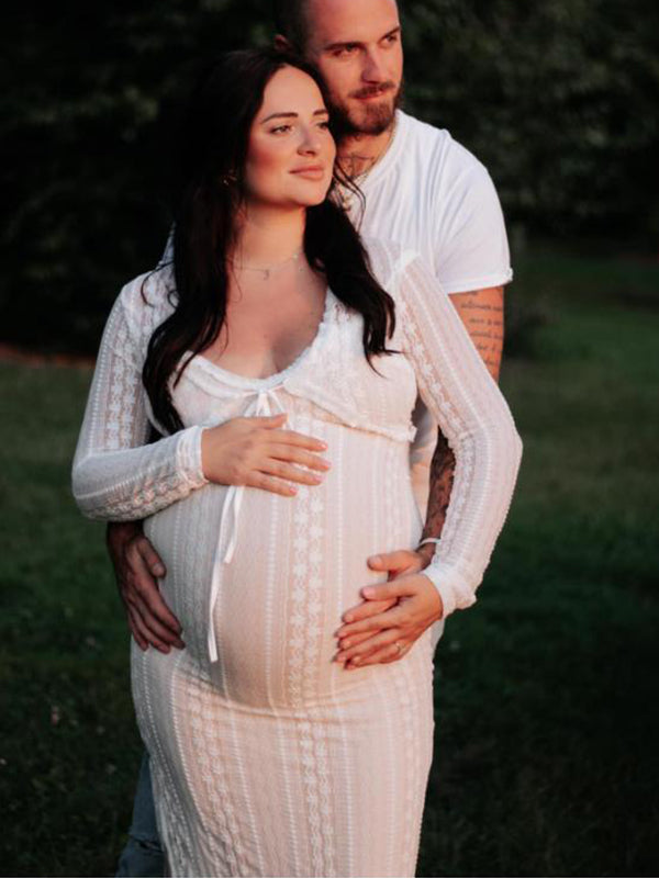 Momsmood Ivory Lace Two Piece Set Side Slit V-neck Cami Maxi Dress And Crop Cardigan Elegant Going Out Maternity Photoshoot Baby Shower Maxi Dress