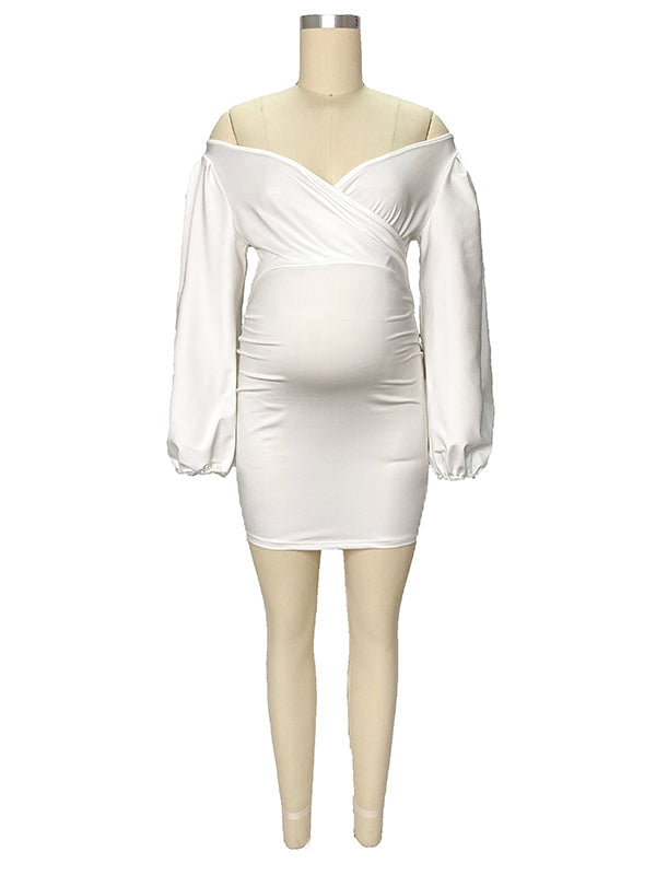 Momsmood White Off Shoulder Lantern Sleeve Bodycon Party Cute Formal Baby Shower Maternity Mini Dress