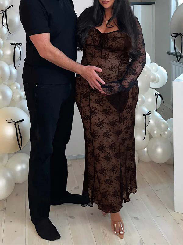 Momsmood Black Lace Bow Grenadine Flare Sleeve Mermaid Back Lace Up Photoshoot Baby Shower Maternity Maxi Dress