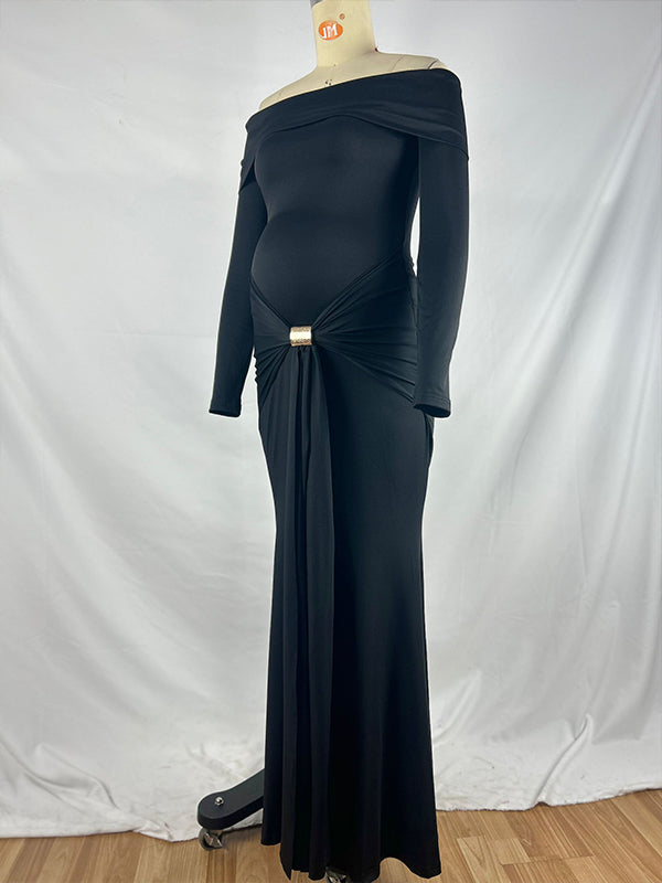 Momsmood Black Off Shoulder Draped Ruched Metal Buckle Bodycon Elegant Maternity Photoshoot Maxi Dress