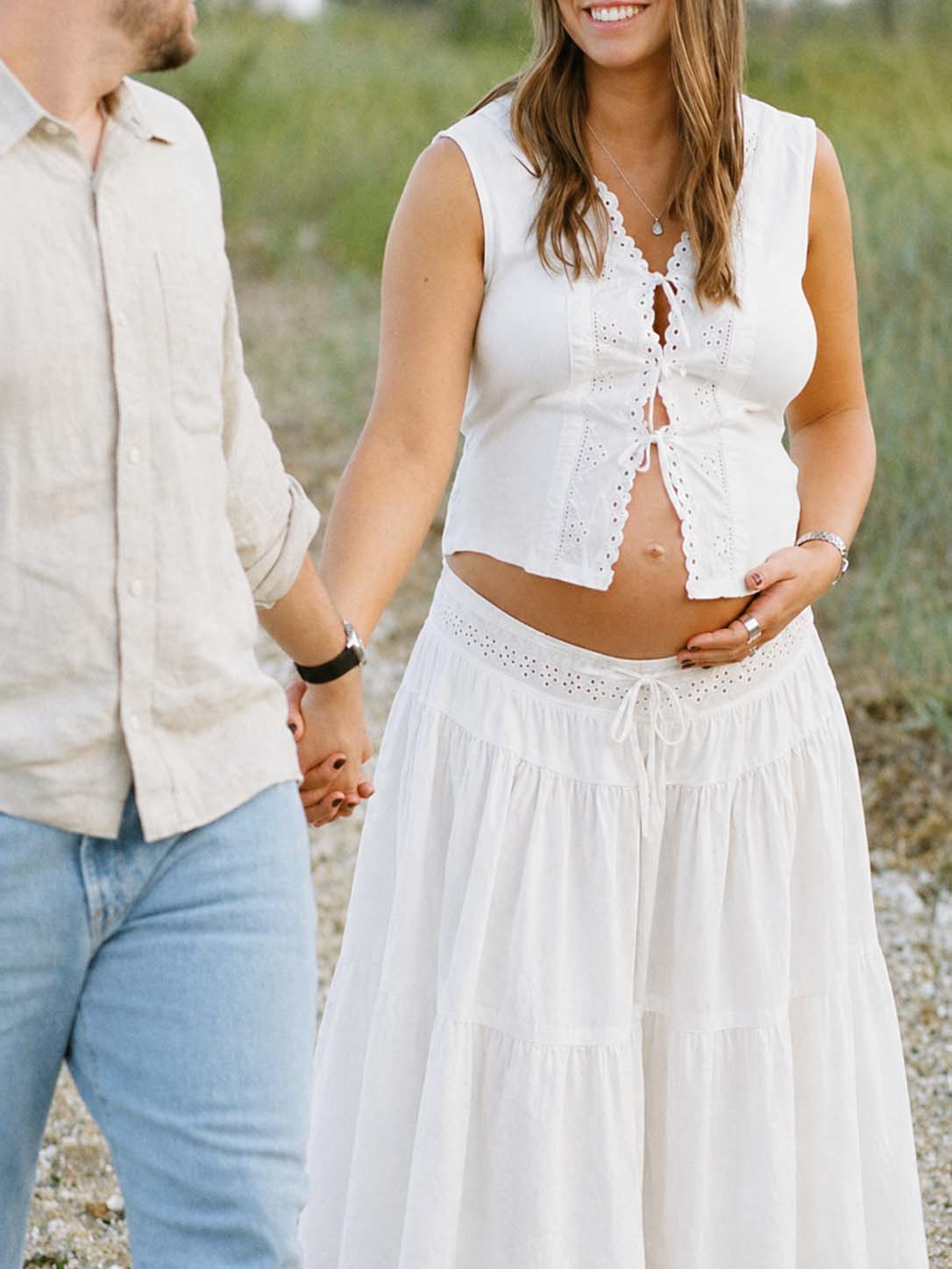 Boho White Lace Two Piece Lace Up Openwork Maternity Maxi Dress