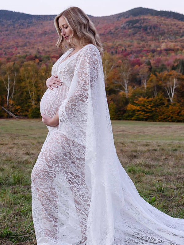 Momsmood Floral Lace Backless Boho Flare Sleeve Pregnant Maternity Photoshoot Maxi Dress