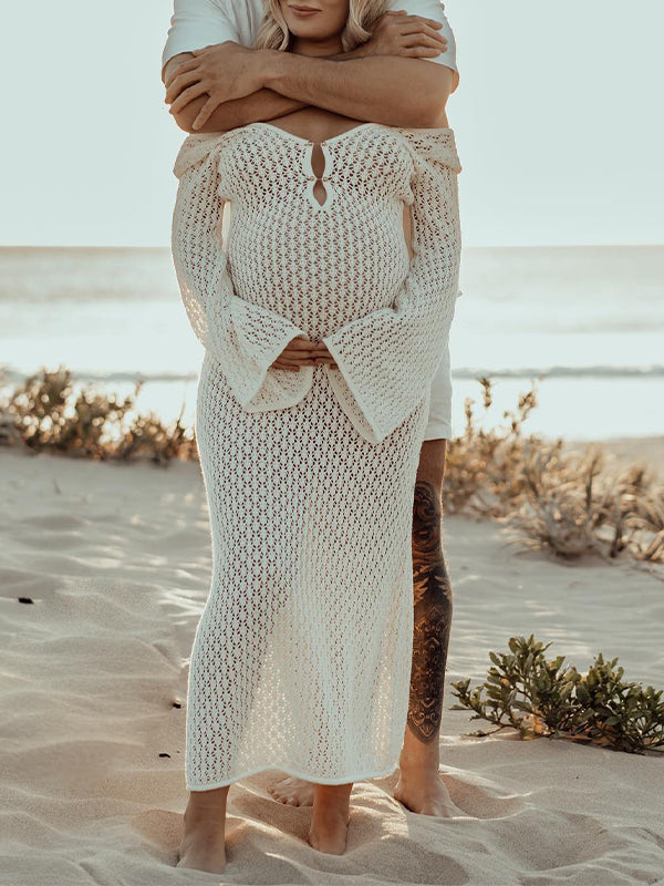 Momsmood White Cut Out Backless Flare Sleeve Beach Cover Up Photoshoot Maternity Maxi Dress