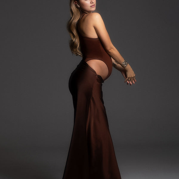 Momsmood Color Splicing Cut Out Band Neck Bodycon Elegant Party Photoshoot Baby Shower Maternity Maxi Dress