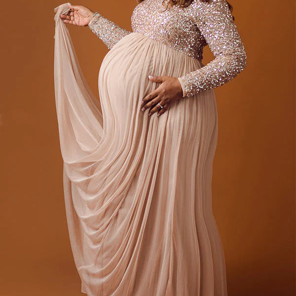 Momsmood Champion Sequin Tulle Splicing Long Sleeve Party Gown Photoshoot Maternity Baby Shower Maxi Dress