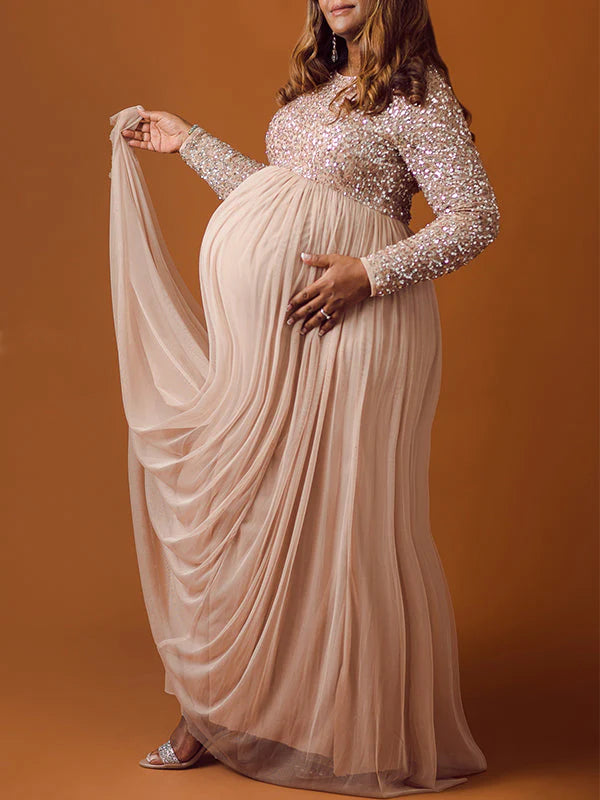 Momsmood Champion Sequin Tulle Splicing Long Sleeve Party Gown Photoshoot Maternity Baby Shower Maxi Dress