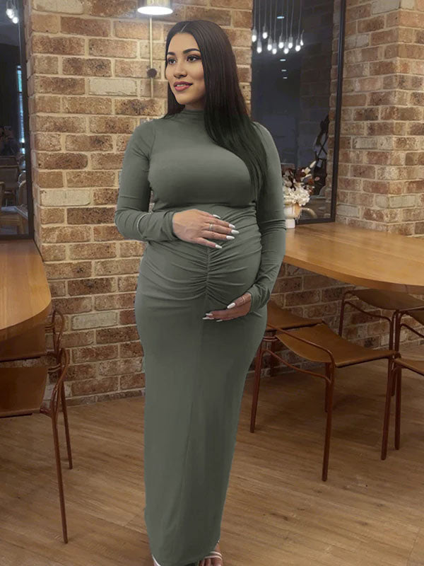 Momsmood Solid Color Ruched High Neck Long Sleeve Bodycon Basic Going Out Elegant Maternity Baby Shower Maxi Dress