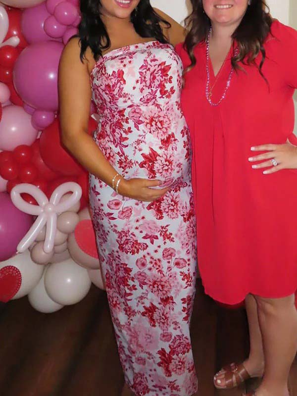 Momsmood  Red Strap Stamp Open Back Side Slit Banquet Baby Shower Maternity Photoshoot Maxi Dress