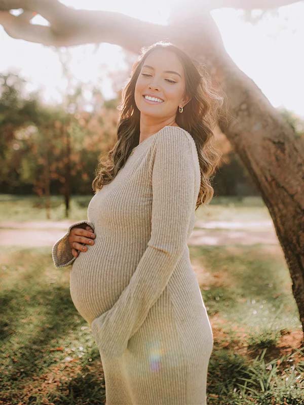 Momsmood Camel Knit Flare Sleeve Photoshoot Maternity Maxi Sweater Dress