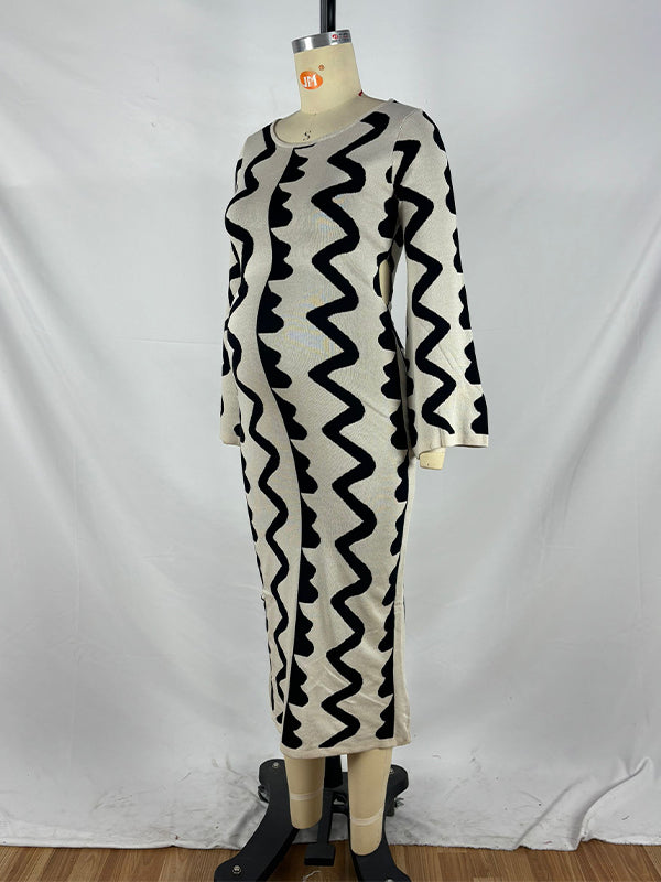 Momsmood Beige Wavy Edge Cut Out Bodycon Elegant Photoshoot Baby Shower Maternity Maxi Sweater Dress
