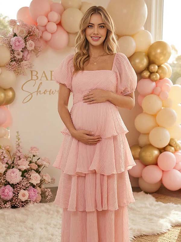 Romantic Tiered Ruffle Square Neck Puff Sleeve Maternity Maxi Dress