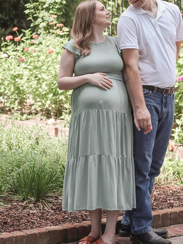 Round Neck Smoked Small Flightless Sleeve Maternity Photoshoot Maxi Dress