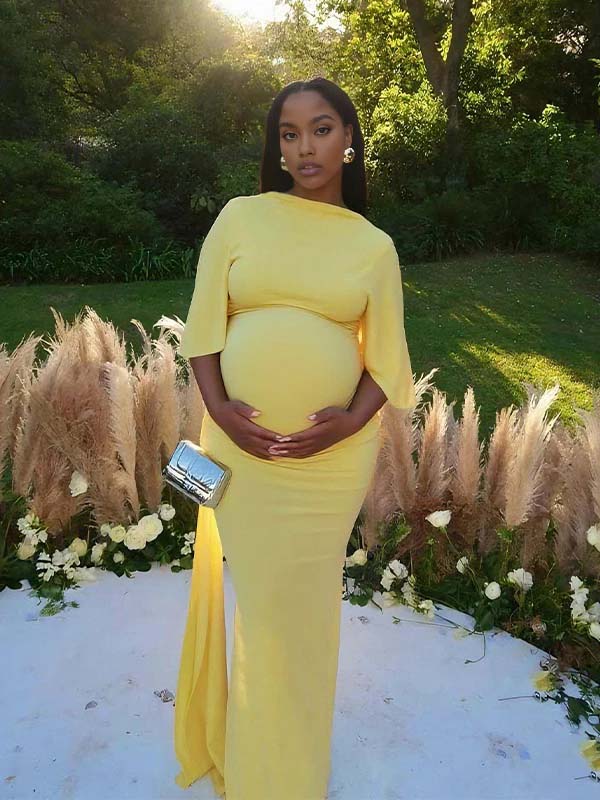 Momsmood Yellow Ruched Draped Backless Baby Shower Maternity Maxi Dress