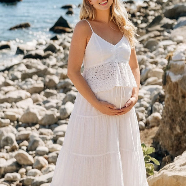White Spaghetti Strap Bohemian Lace Backless Two Piece Maternity Maxi Dress