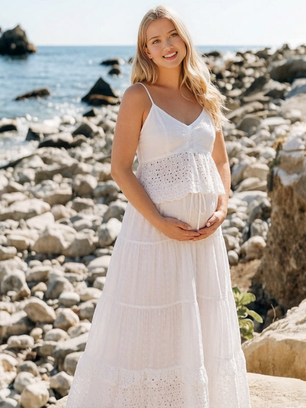 White Spaghetti Strap Bohemian Lace Backless Two Piece Maternity Maxi Dress