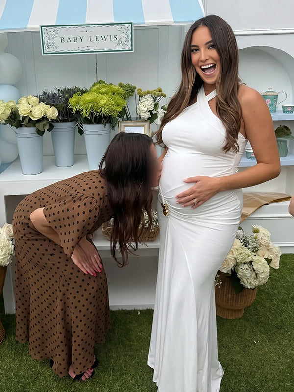 White Ruched Buckle Baby Shower Maternity Maxi Dress