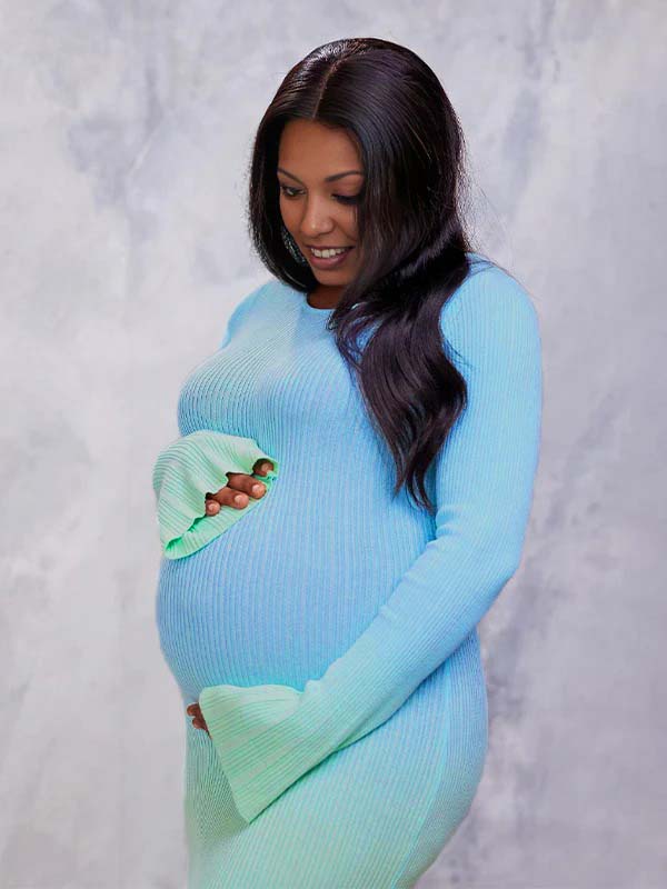Momsmood Light Blue Hit Color Flare Sleeve Mermaid Elegant Photoshoot Baby Shower Maternity Maxi Sweater Dress
