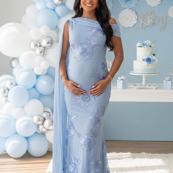Embroidered One-shoulder Mesh Floral Shoulder Streamer Bodycon Maternity Maxi Dress