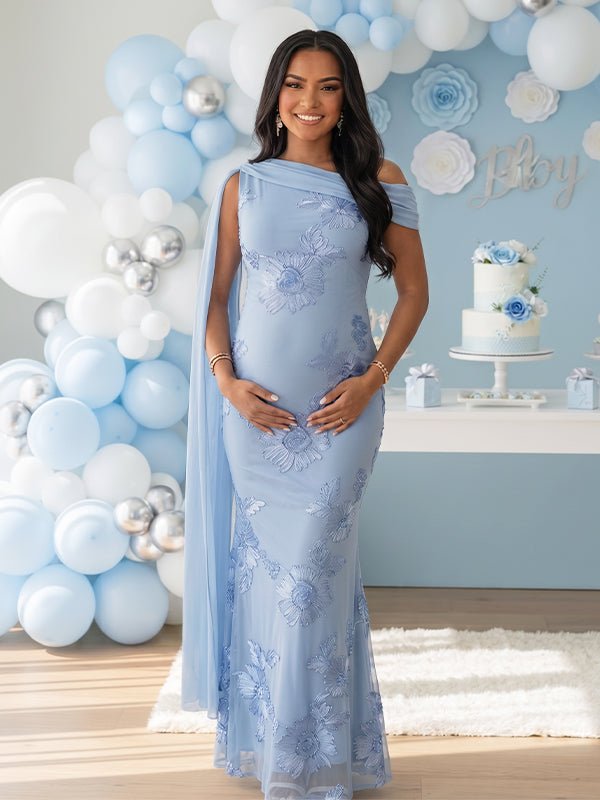 Embroidered One-shoulder Mesh Floral Shoulder Streamer Bodycon Maternity Maxi Dress