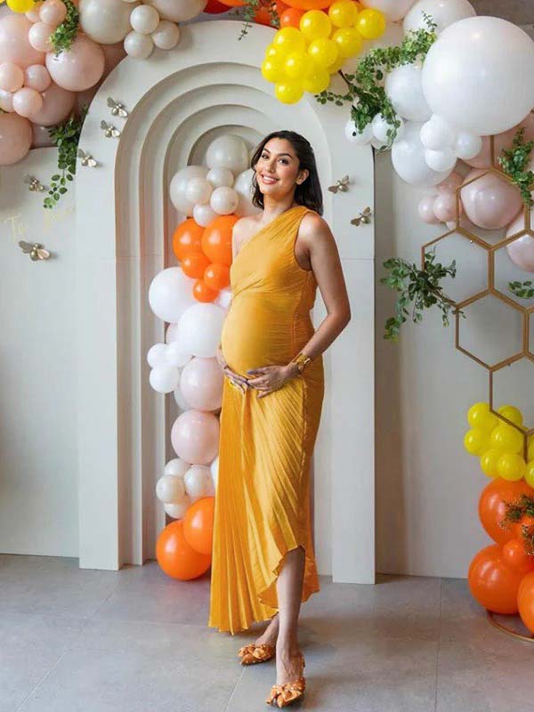 Momsmood Yellow Pleated Cut Out One Shoulder Big Swing Plus Size Elegant Maternity Maxi Dress