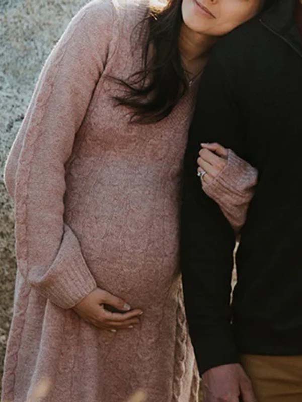 Momsmood Cable Knit A-line V-neck Lantern Sleeve Maternity Sweater Mini Dress