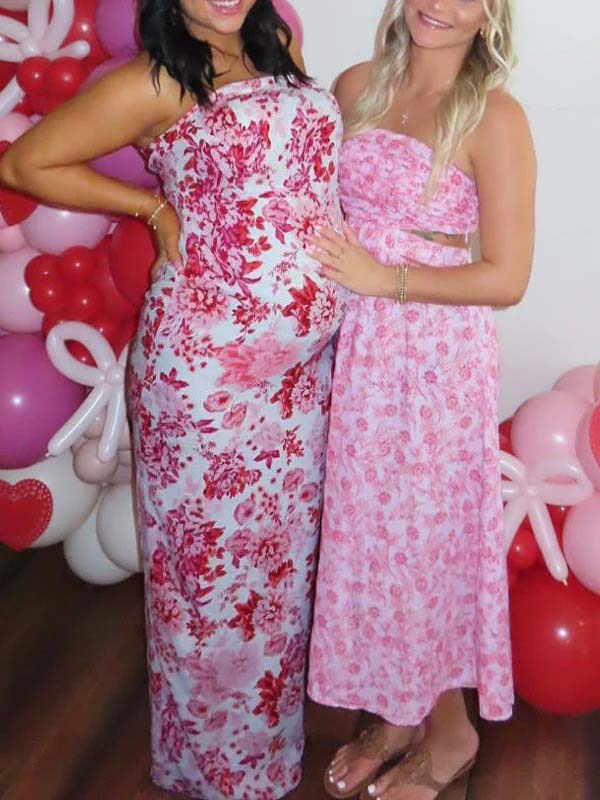 Momsmood  Red Strap Stamp Open Back Side Slit Banquet Baby Shower Maternity Photoshoot Maxi Dress