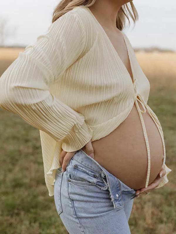 Momsmood Beige lace-up Flare Sleeve Modern Fashion Maternity Photoshoot Blouse