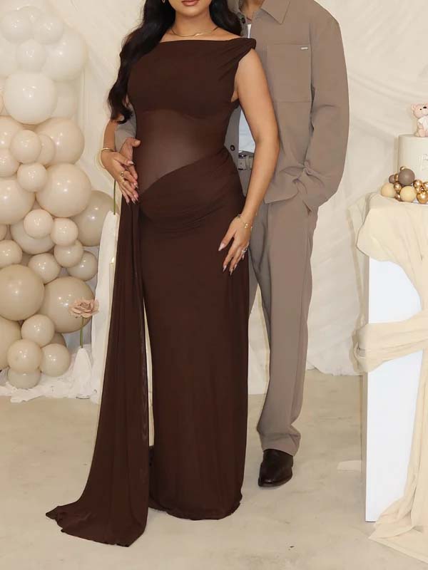 Momsmood Dark Brown Oblique Shoulder Sheer Draped Hem Ruched Maternity Baby Shower Maxi Dress