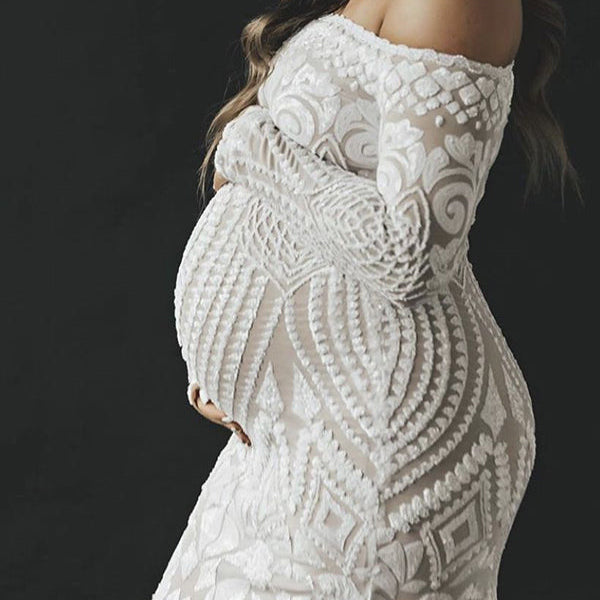 Momsmood White Lace Sequin Off Shoulder Mermaid Bodycon Wedding Gown Baby Shower Elegant Foamal Maternity Photoshoot Maxi Dress