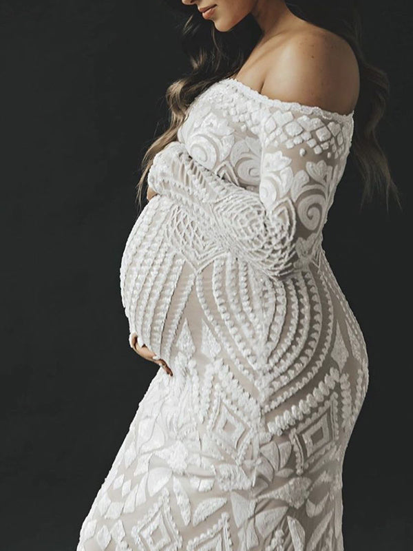 Momsmood White Lace Sequin Off Shoulder Mermaid Bodycon Wedding Gown Baby Shower Elegant Foamal Maternity Photoshoot Momsmood White Lace Sequin Off Shoulder Mermaid Bodycon Wedding Gown Baby Shower Elegant Foamal Maternity Photoshoot