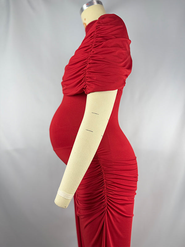 Momsmood Irregular Ruched Side Slit Cape Sleeve ELegant Maternity Maxi Dress