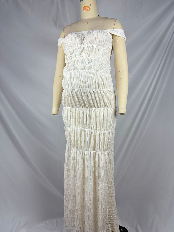 Momsmood Off Shoulder Smocked Ruched Photoshoot Maternity Maxi Dress