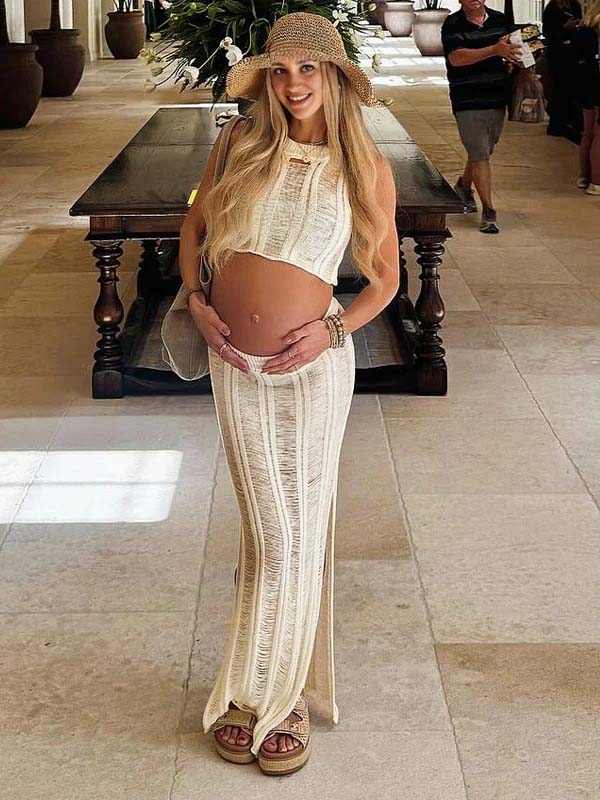 Momsmood 2-in-1 Knit Side Slit Sheer Beach Vacation Maternity Maxi Dress